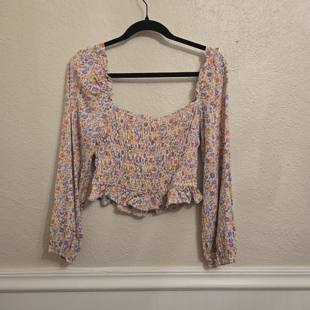 Bohme Smocked Crop Top Long Puff Sleeve Floral Pink Lavender Ivory Ruffle Large - Picture 5 of 14